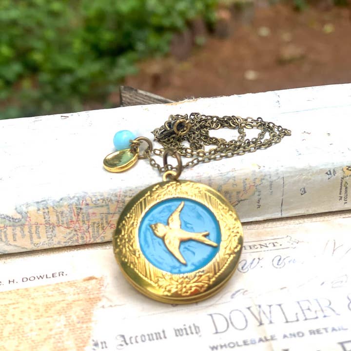 Red Truck Designs - Wholesale Locket Necklace - Bird Locket Gold Light Blue Woodland Charm Locket 22"
