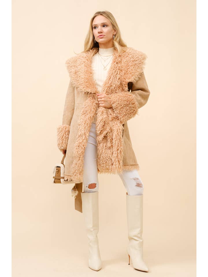 TAN 36235J - Mid Length Fur Belted Coat for wholesale on Faire