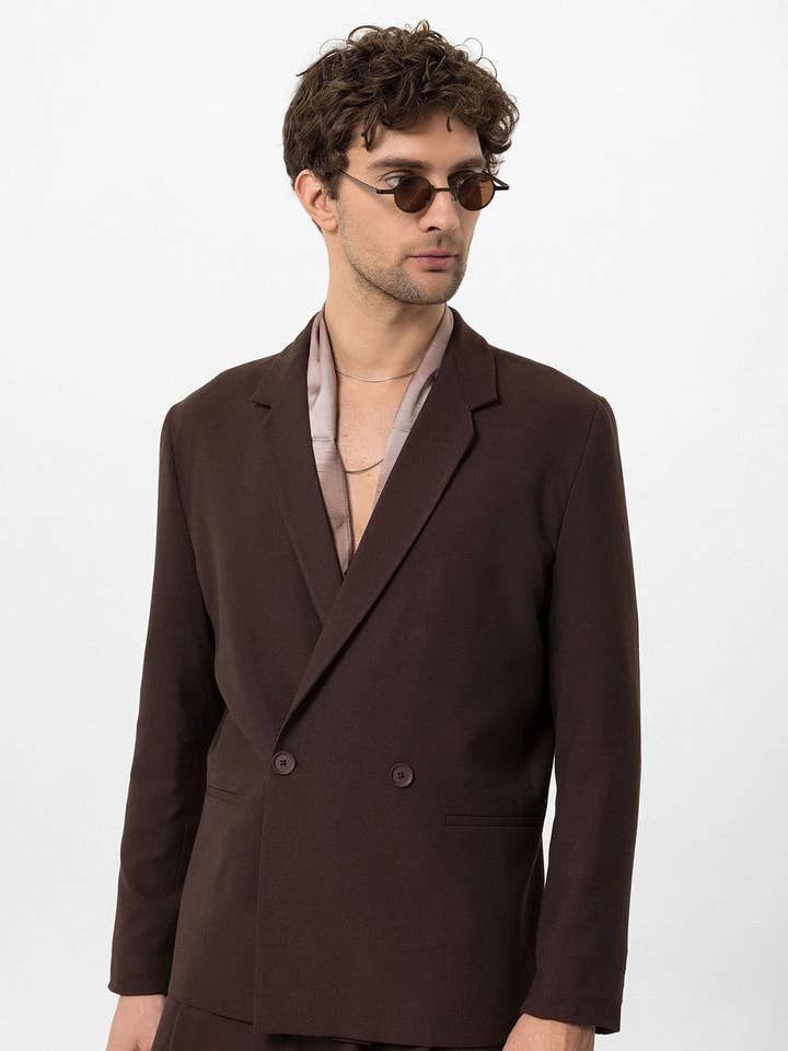 Men's Brown Single-Button Double-Breasted Blazer - Wessi for wholesale by Wessi