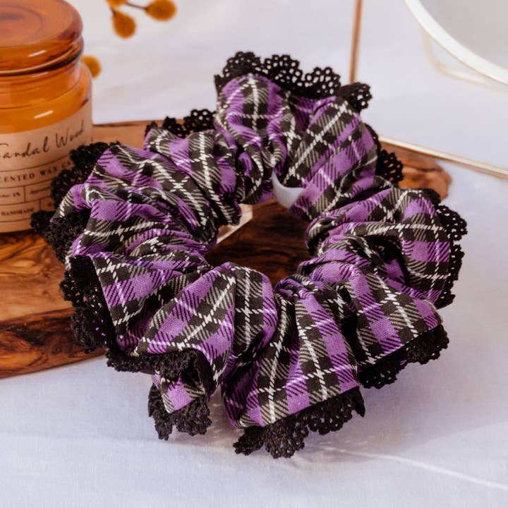Purple Plaid Cotton Scrunchie for wholesale by Wild Rose Accessories