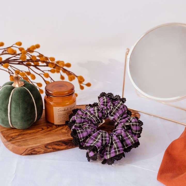 Purple Plaid Cotton Scrunchie for wholesale by Wild Rose Accessories