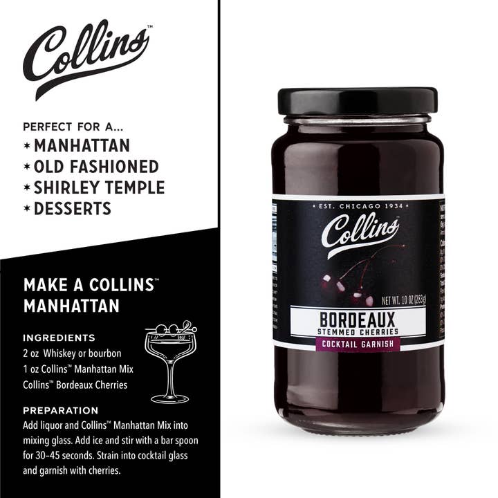 Collins - Wholesale Cocktail Mix/Syrup - Bordeaux Stemmed Dark Cherries Cocktail Garnish 10 oz2