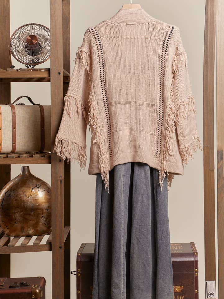 Tan Open Front Knit Cardigan with Fringes for wholesale on Faire