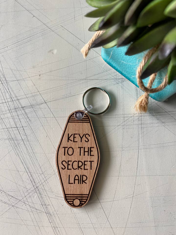 Keys to the Secret Lair - Wood Motel-style Keychain for wholesale by Novotny Designs