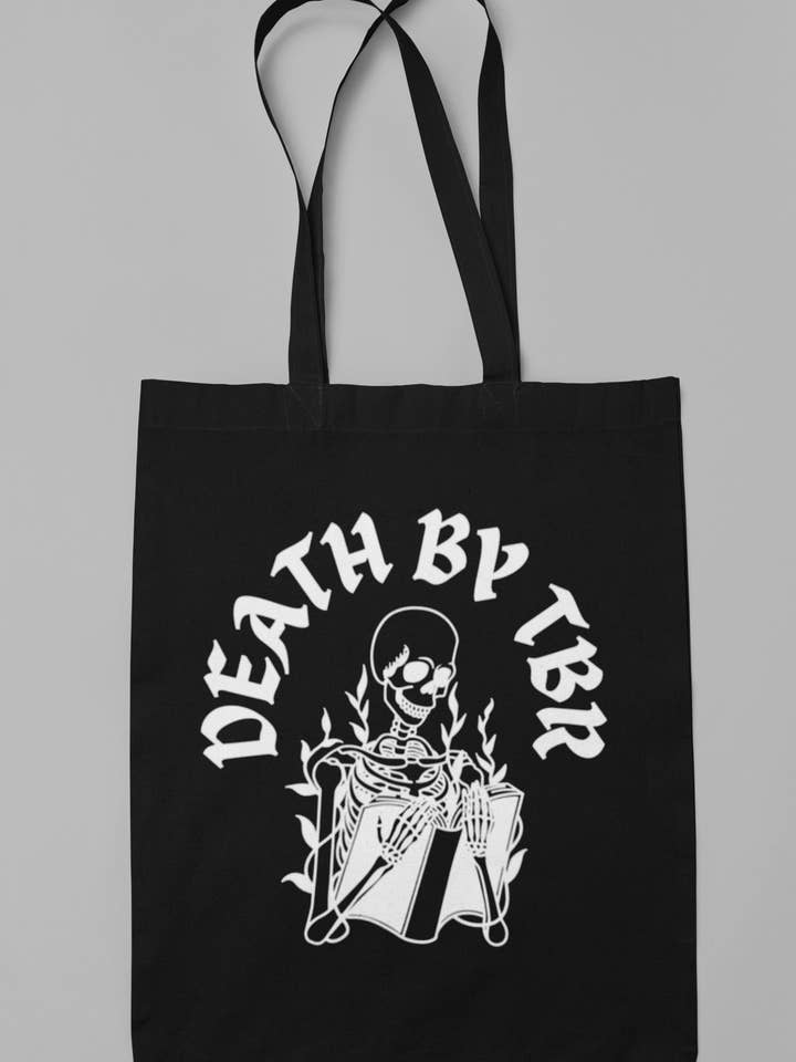 Book Tote Bag Gothic, Death By TBR Skeleton for wholesale by Wickedly Divine Shop