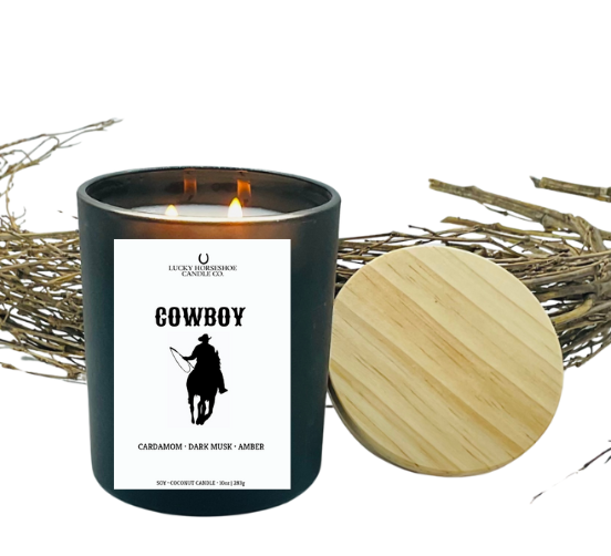 Lucky Horseshoe Candle Co. - Vente Bougie en bocal - Bougie Cowboy Soy Coconut 10 oz, pot noir mat2