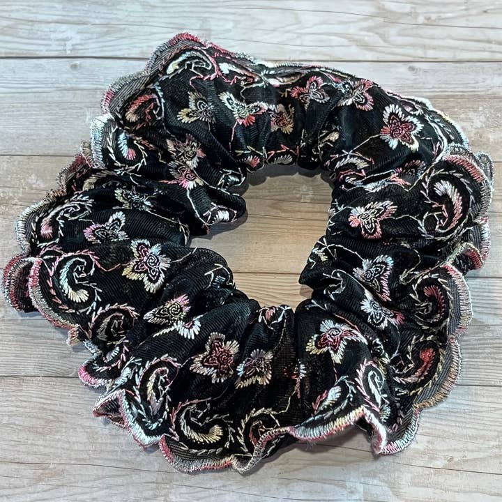Scrunchie Vintage Sheer Black with Floral Embroidery for wholesale by Open Window Studios