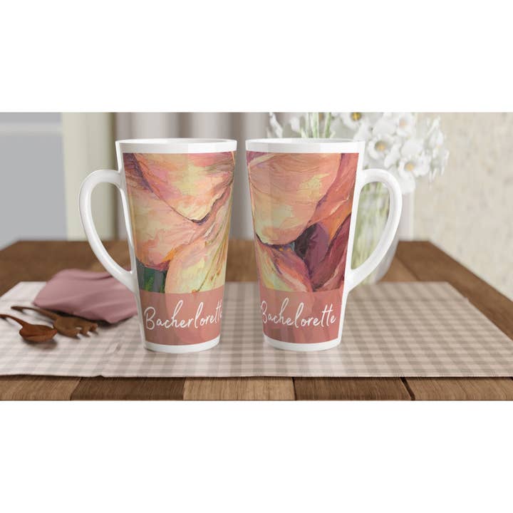 Barbara Cleary Designs - Vendita all'ingrosso Tazza - Tazza da latte in ceramica bianca da 17oz 'Bachelorette' | Collezione da sposa con opera d'arte 'Amaryllis' dell'artista americana Barbara Cleary