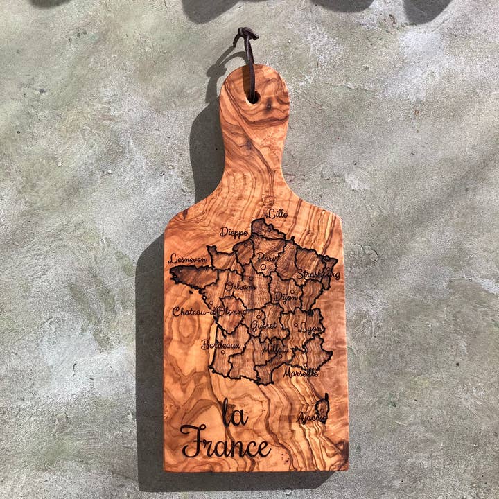 Engraved Olive Wood Cheese Board - Map of France for wholesale by Blu Crescent Engraving