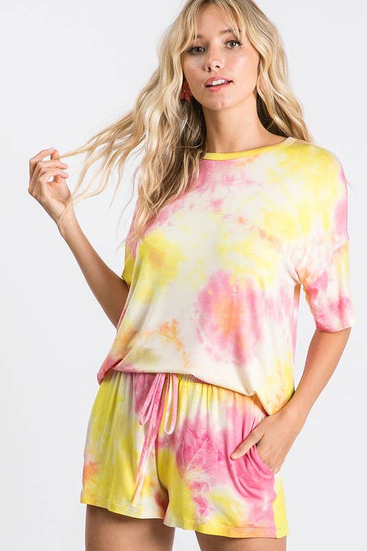 Yellow Pink Tie-Dye High-Waisted Lounge Shorts, WP9465 for wholesale on Faire0