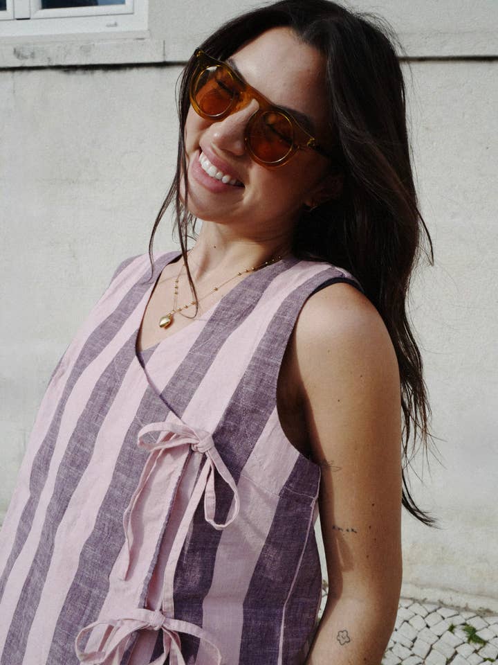 Cotton Tie Top in Pink & Burgundy Stripe for wholesale by TBCo