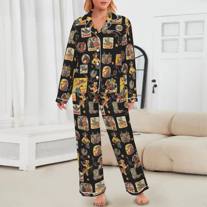 Baha Ranch Vintage Cowgirl Collage Western Satin Pajamas for wholesale by BAHA RANCH WESTERN WEAR