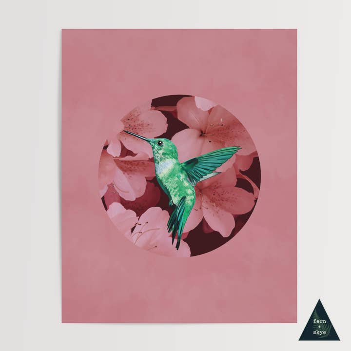 Hummingbird in Cherry Blossoms Art Print for wholesale by Fern and Skye