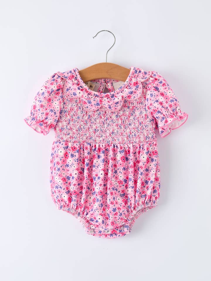 Girls Valentine's Day Floral Ruffle Smocking Baby Bubble Romper for wholesale by Rylee Faith Designs