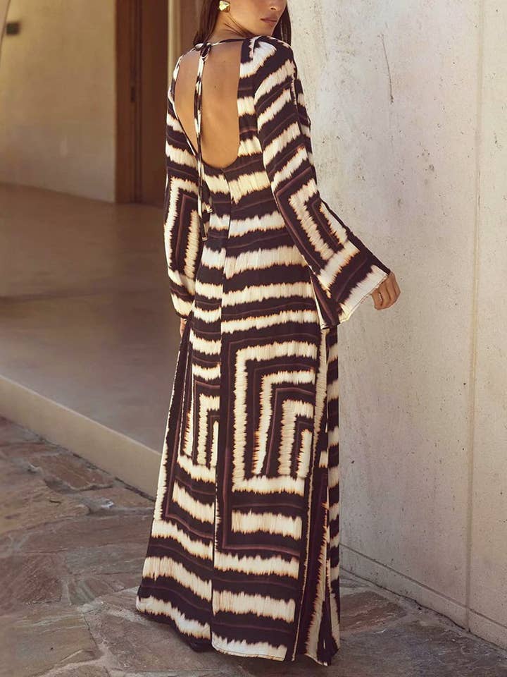 Coffee Fashion Print Cirque Stripe Azure Maxi Dress for wholesale on Faire1