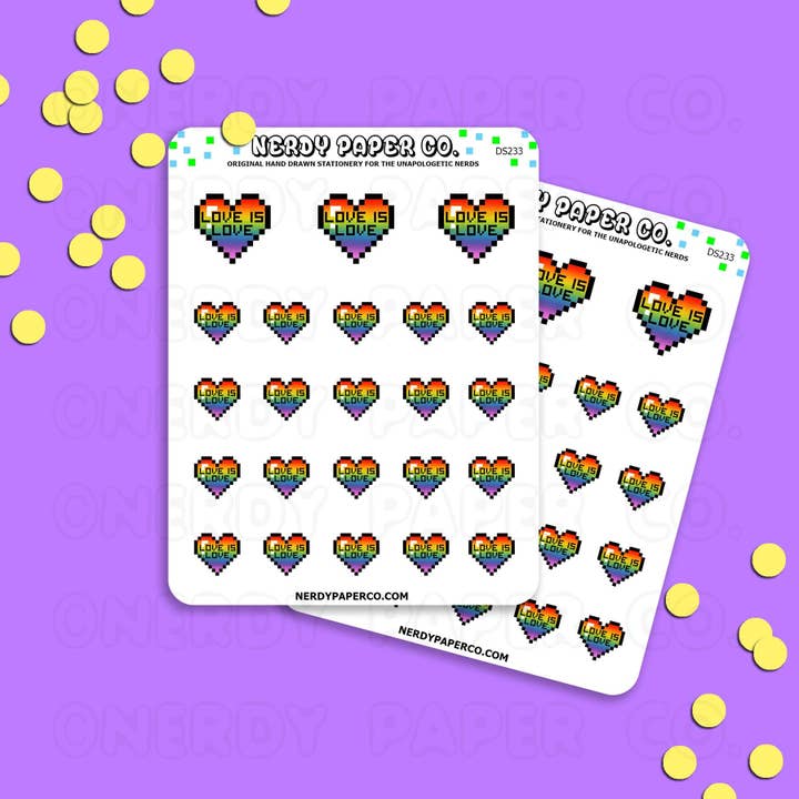 EL AMOR ES AMOR | CORAZONES PIXELADOS ARCOÍRIS - Pegatinas Dibujadas a Mano para Planificadores - Deco -DS233 para venta al por mayor de NERDY PAPER CO.