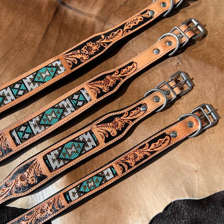 Westrian (Formerly Equipage) - Wholesale Pet Collar - Dog - Southwestern Western Tooled Leather Beaded Dog Collar - Turq