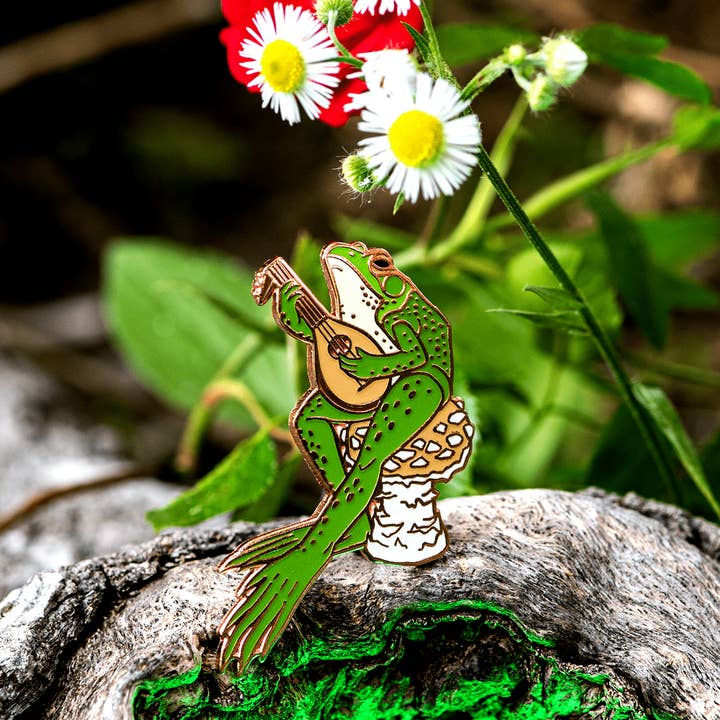 The Traveling Bard | Frog & Mushroom Enamel Pin for wholesale by The Roving House