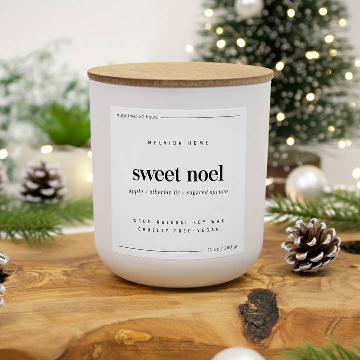 Sweet Noel - 10 oz White Glass Soy Candle - Christmas Decor for wholesale by Melvida Home