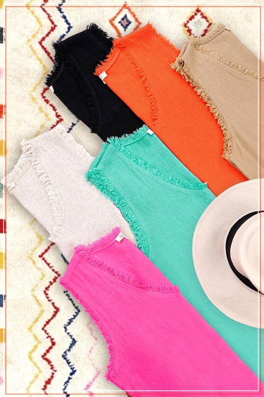 La Miel – wholesale Tank top – Women′s – HBT7635-Soft Washed Gauze Cut Edge Sleeveless V-neck Top18