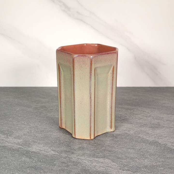 HOLD SUPPLY - Wholesale Drinking Glass/Cup - Green and Red 16 oz Square Indented Stoneware Ceramic Cup