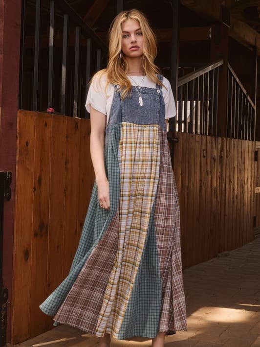 Denim Combo Plus Color Mixed Plaid Overall Maxi Dress for wholesale on Faire