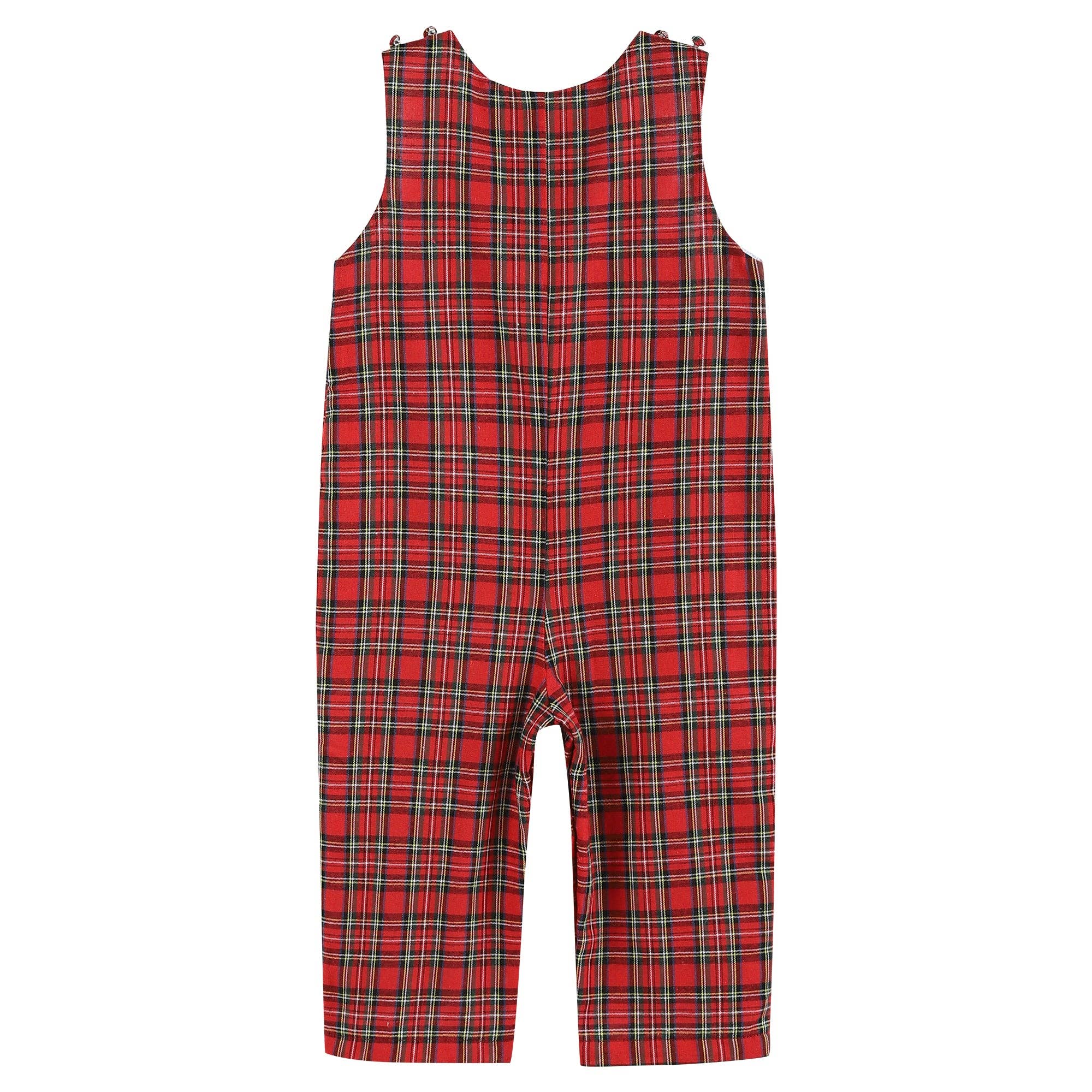 Lil Cactus - Wholesale Overalls - Kids - Red Christmas Plaid Santa Sleigh Smocked Overalls3