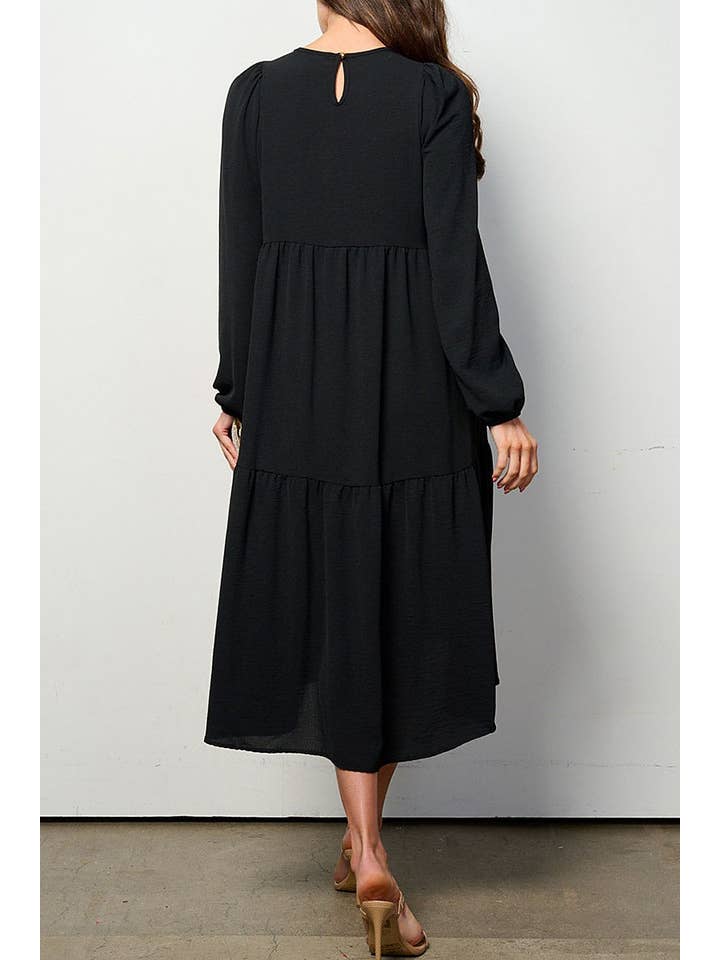 ROUSSEAU - Wholesale Dress - Women's - LONG SLEEVE TIERED HIGH-LOW MIDI DRESS