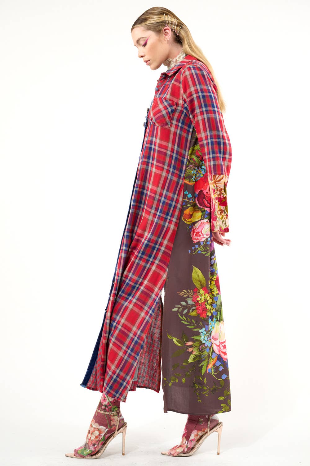 Rode geruite combinatie Anna knoopsluiting Maxi Overhemdjurk / Duster voor groothandel op Faire22