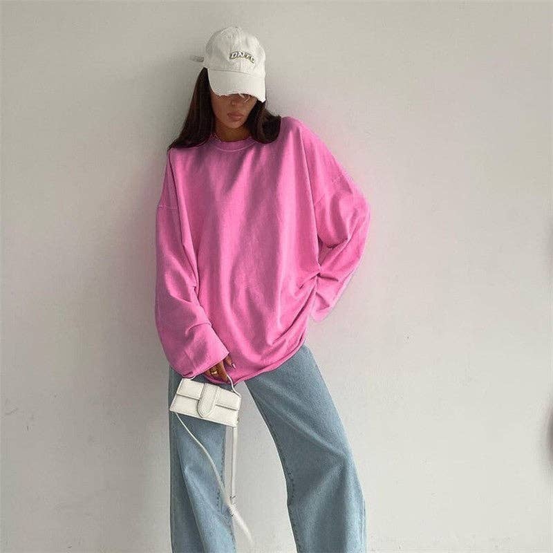 CANDY PINK Solid Color Loose Round Neck Long Sleeve Tshirt for wholesale on Faire1