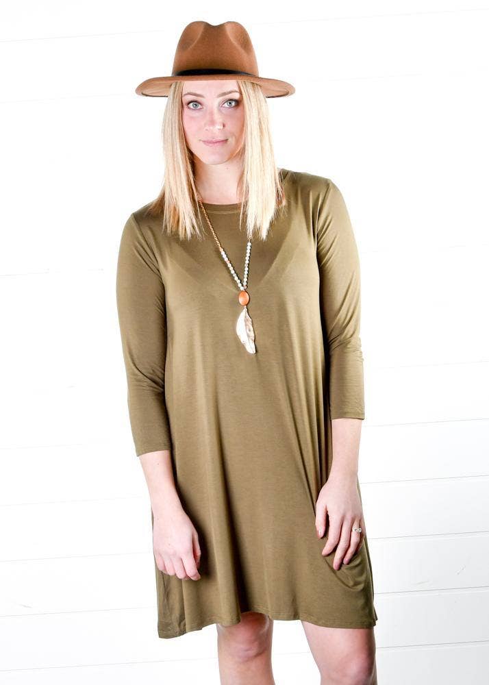 Vivette Apparel - Wholesale Dress - Women's - Olive 3/4 Sleeve Tunic Dress1