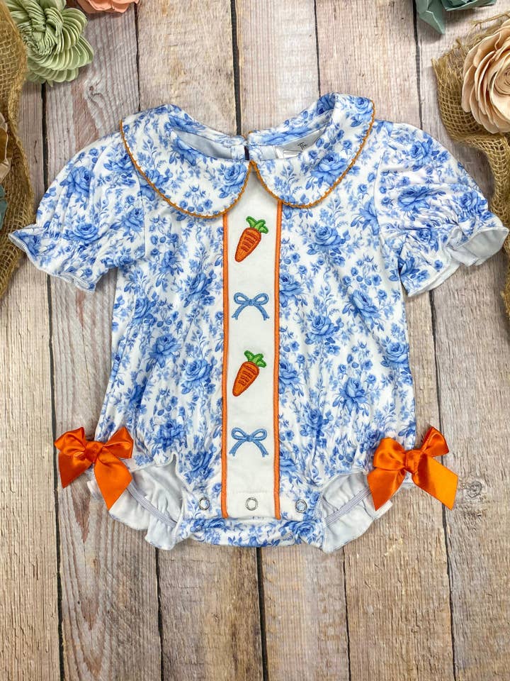 Carrots & Bows Blue Collared Infant Easter Romper for wholesale by The Hair Bow Company