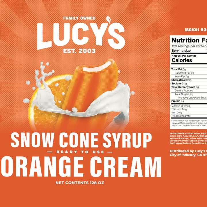 Lucy's - Wholesale Flavored Syrup - Orange Cream Snow Cone Syrup - 128oz3