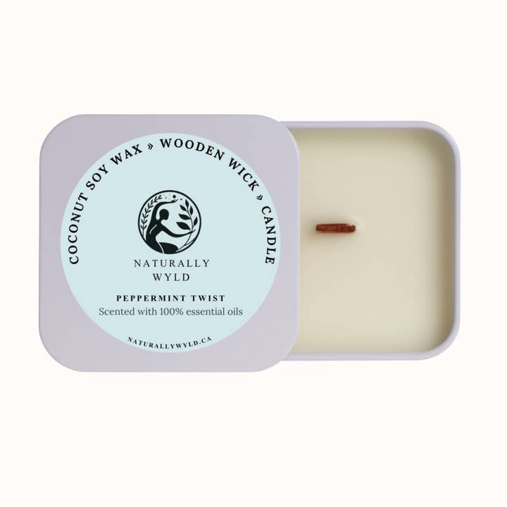 Peppermint Twist Coconut Soy Wax Wooden Wick Candle (8oz) for wholesale by Naturally Wyld
