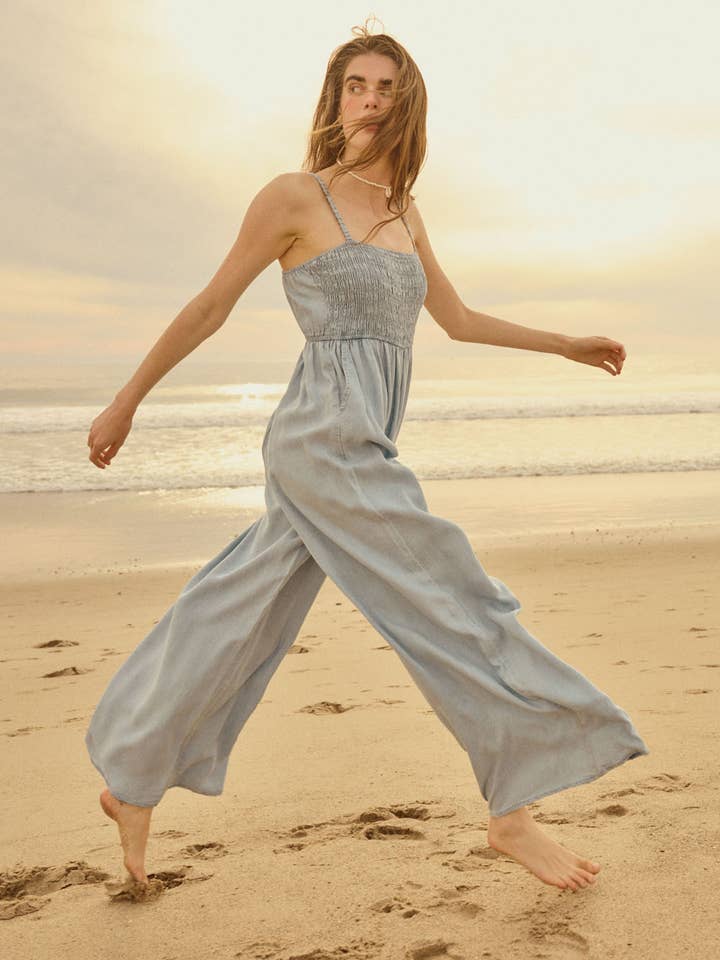 Denim Straight-Neck Smock-Bodice Jumpsuit for wholesale by Promesa USA