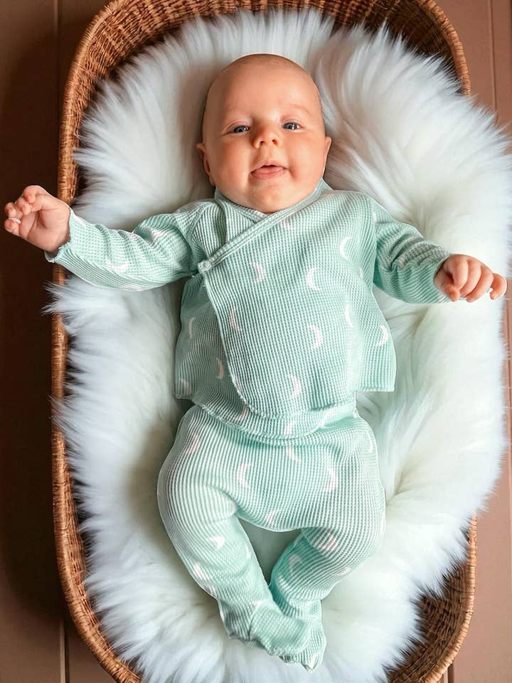Organic Waffle Kimono & Pant Set, Light Blue Moon for wholesale by SpearmintLOVE