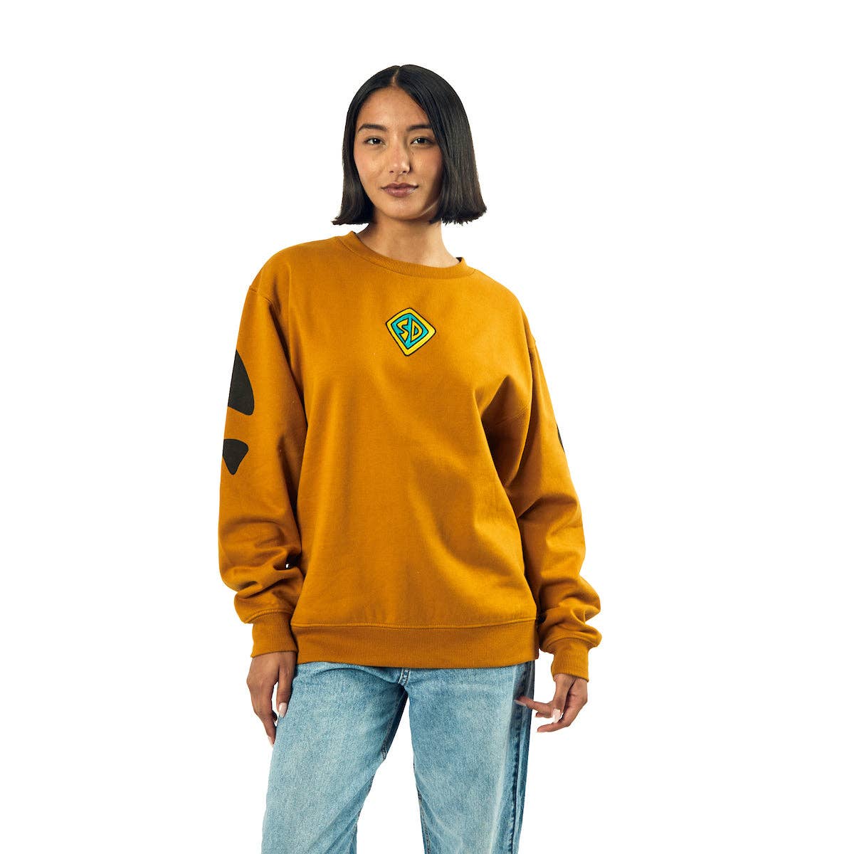 Bioworld Merchandising - Wholesale Graphic Sweatshirt - Women's - Scooby Doo Dog Tag & Spots Women's Brown Crew Neck Long Sleeve Oversized Fleece Sweatshirt0