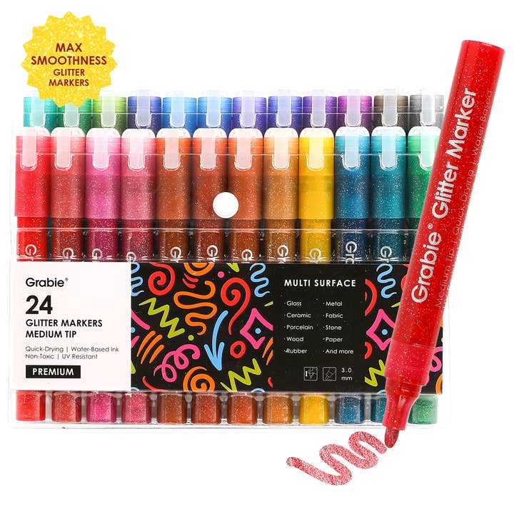 Medium Tip Iridescent Glitter Acrylic Paint Marker Set Of 24 for wholesale by Grabie