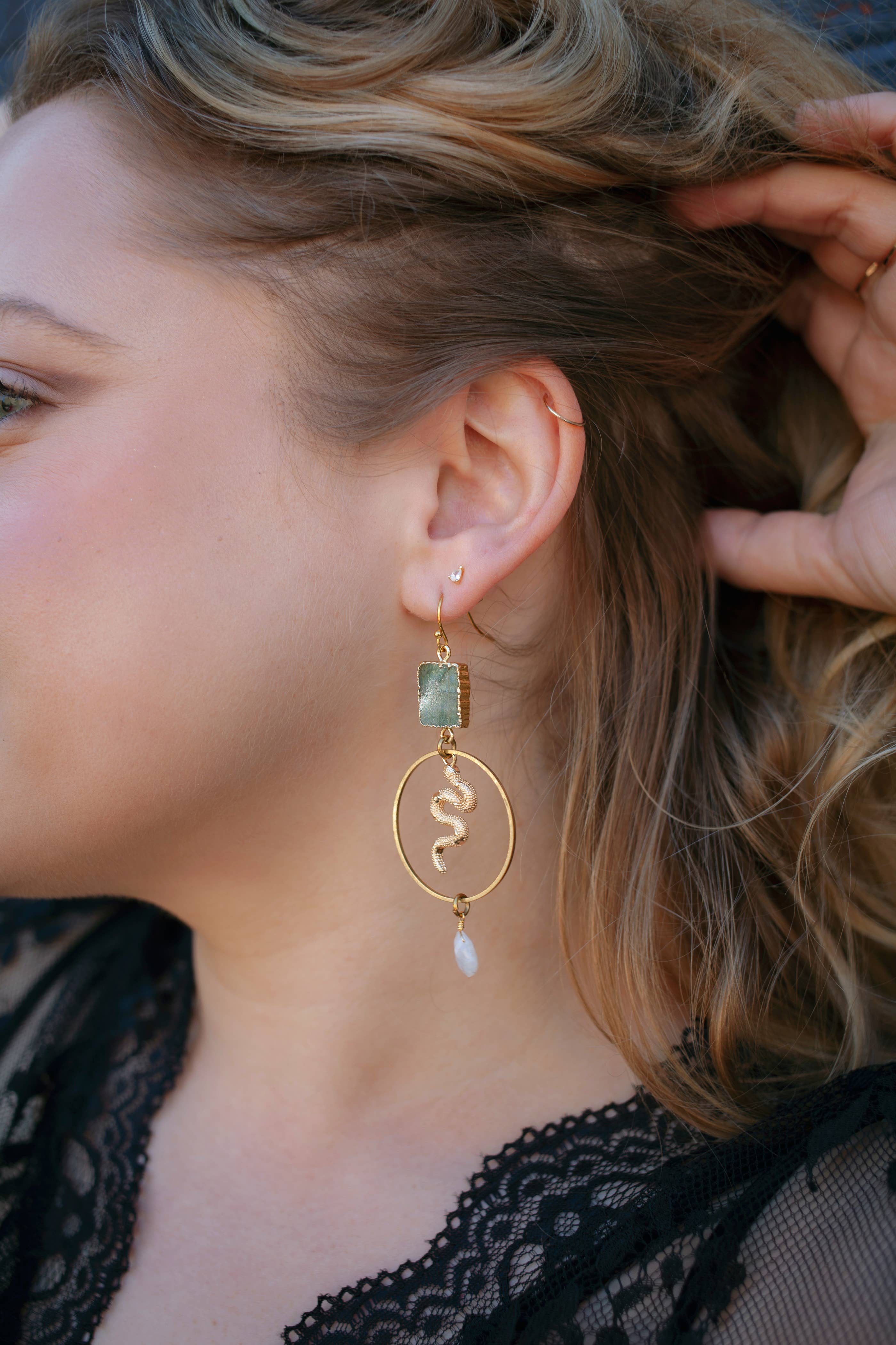 GeoMetricGem - Wholesale Dangle Earrings - Remi Snake Earrings ~ Labradorite, Amazonite, Moonstone4