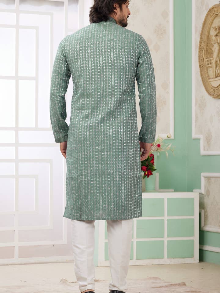 HATKE BRIDE - Wholesale Mommy & me sets - Light Green Art Silk Father Son Matching Combo Indo Western Traditional Sherwani Long Kurta & Pajama Suit for Wedding - Embroidery Work3