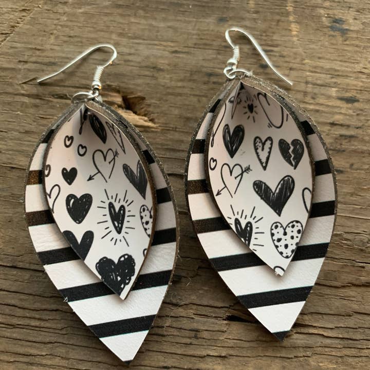 Black and White Heart and Stripe Leather Earrings for wholesale by Jill's Jewels