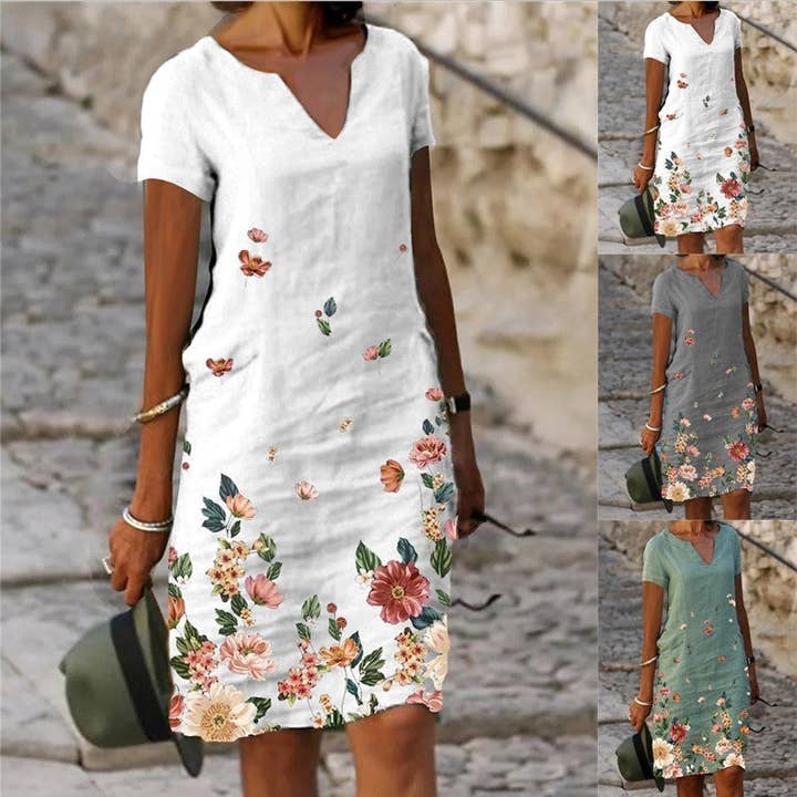 Women Casual Floral Printed Short-Sleeved V-Neck Dress for wholesale by SALINA TRADING INC