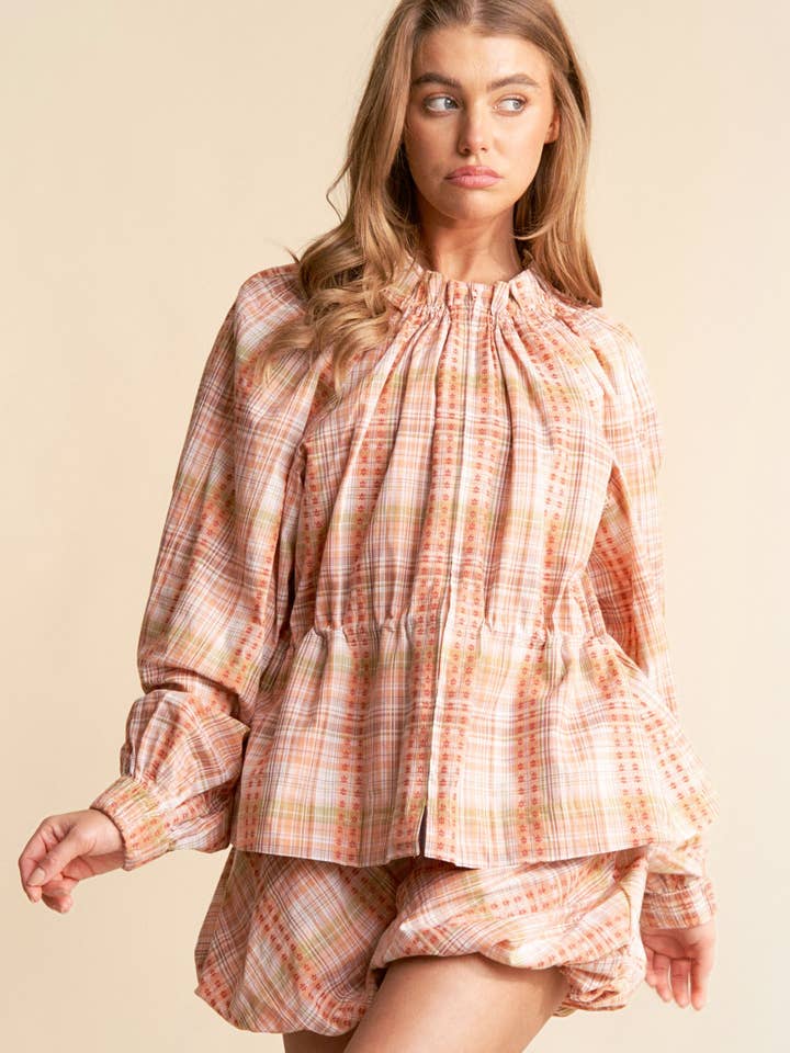 Orange Long Sleeve Plaid Floral Zip Up Shacket for wholesale on Faire