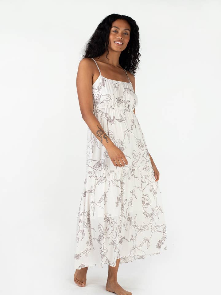 Natural Taupe Floral Scoop Neck Spaghetti Strap Maxi Dress for wholesale on Faire