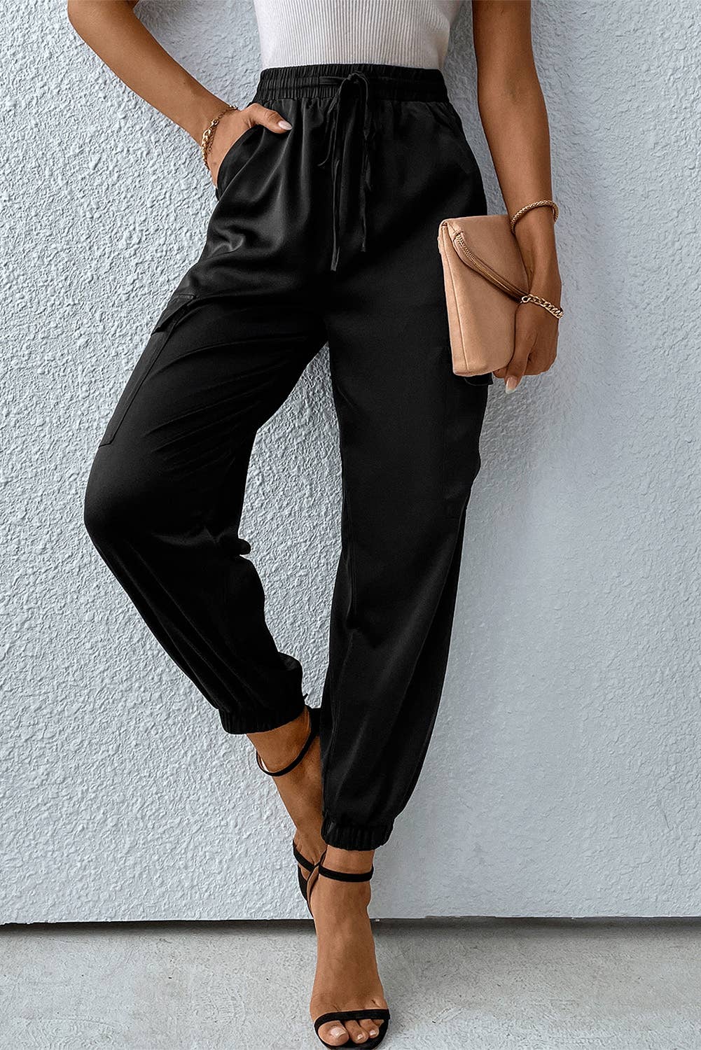 Black Satin Pocketed Drawstring Elastic Waist Pants for wholesale on Faire3