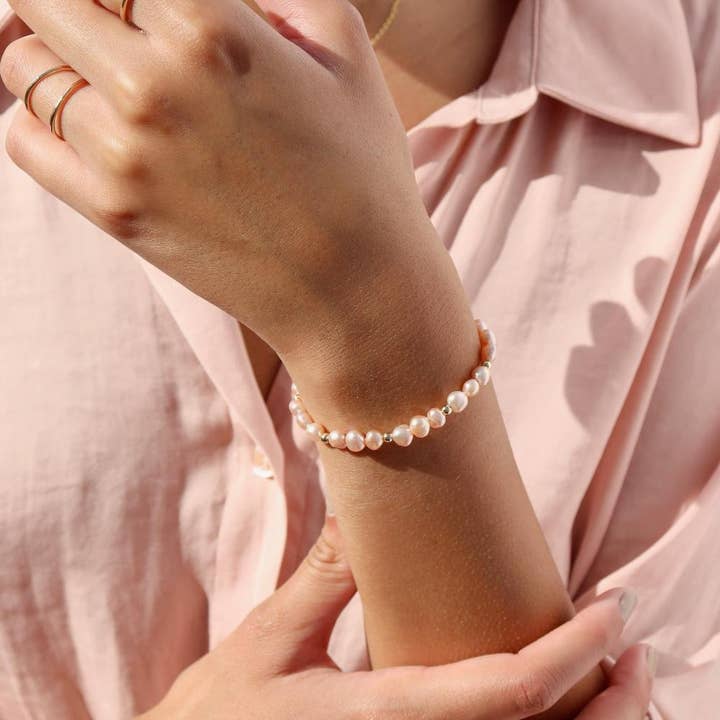 Token Jewelry - Wholesale Link & Chain Bracelet - Pink Pearl Bracelet in 14k Gold Fill or Sterling SilverÂ