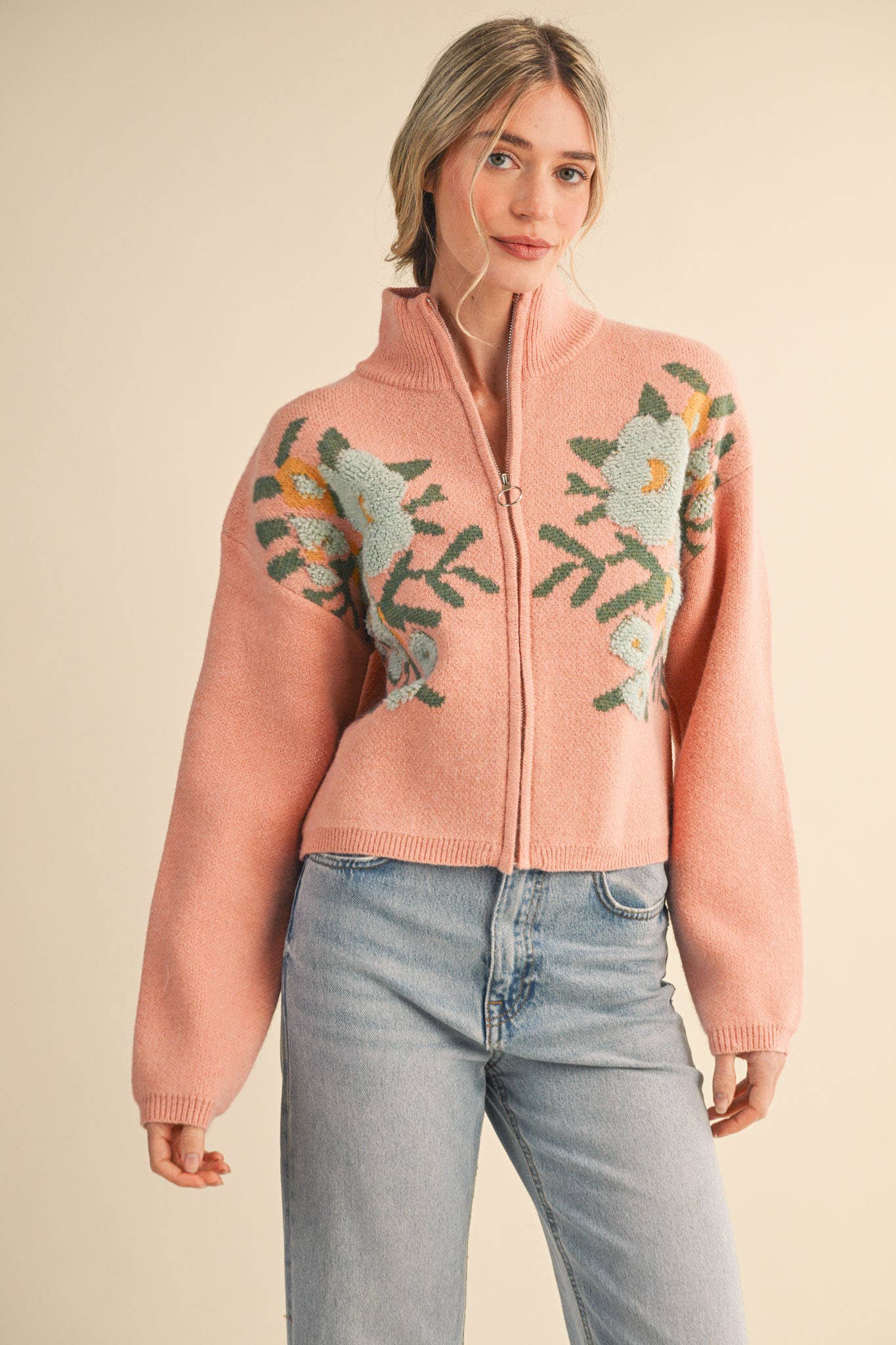 &MERCI - Wholesale Cardigan - Women's - FLORAL ZIP UP SWEATER CARDIGAN MSW1118810