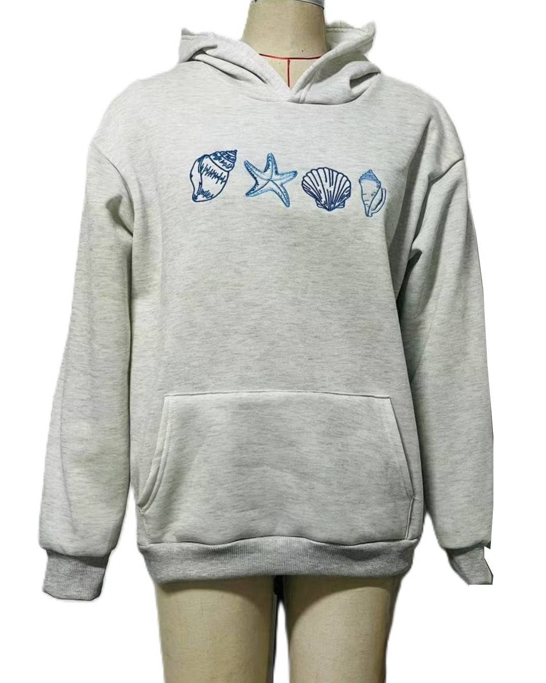 Grey Y2k Trendy Ocean Seashell Embroidery Hoodie for wholesale on Faire0