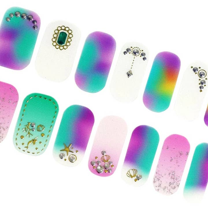 Pink Blue Ombre Nail Wraps/Boho Gold 3D Nagellackstreifen/Strand Meerjungfrau Nagelaufkleber/Einhorn Tropischer Sommer Nail Wrap Regenbogenfarbe für den Großhandel von ClebleNails