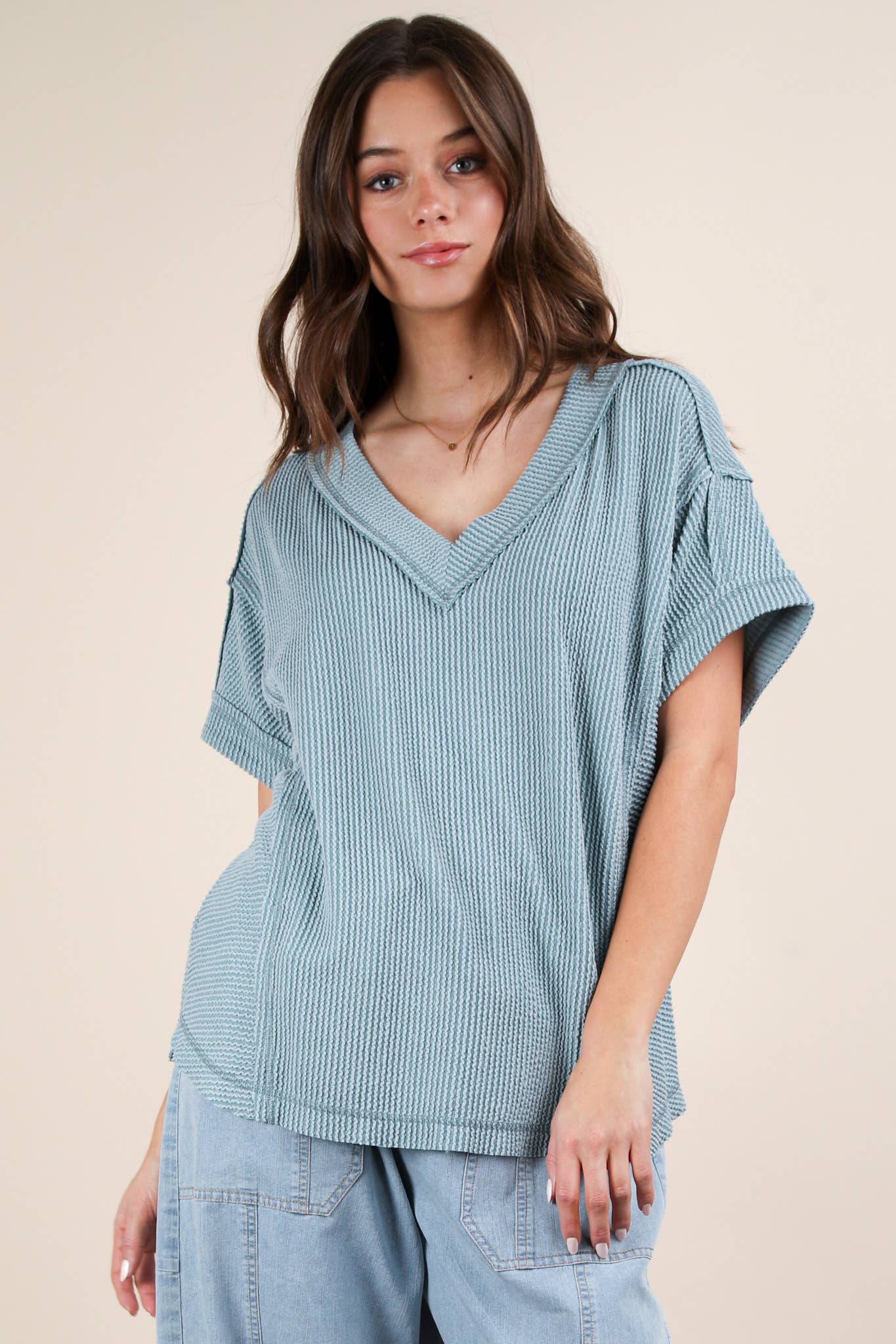 VERY J – wholesale Knit top – Women's – NT12075-Soft Two Tone Casual Comfy Ribbed Knit Top0